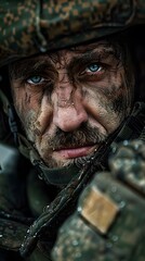 Fototapeta premium Close Up Portrait of a Dirty Soldier