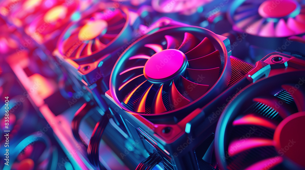 Poster a close up of many different colored computer fans. the fans are all different sizes and colors, cre