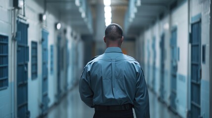A security guard in uniform walks through the hallway, focused ahead with his back and head visible.