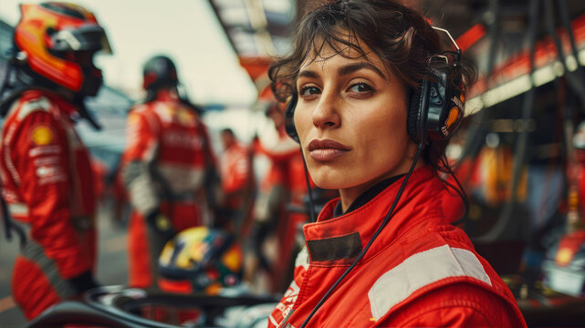Female race car pilot. Woman driver, showcasing her distinct ethnic features. Pit lane. Brunette with short hair and pronounced Latina features.