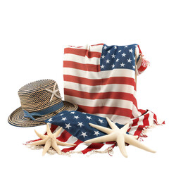 A straw hat with a starfish, starfish, and an American flag draped over a wooden surface.