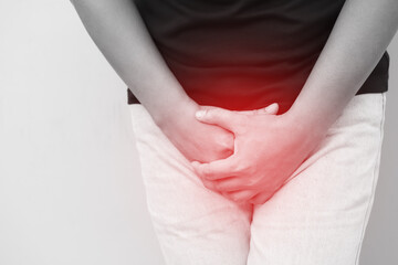 man covers groin, health problems disease for premature ejaculation, fertility, erection. The...