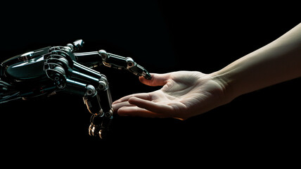 Human and robot hands reaching out, AI, Machine learning, Robot and human touching on big data, Science and artificial intelligence digital technologies of futuristic