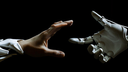 Human and robot hands reaching out, AI, Machine learning, Robot and human touching on big data, Science and artificial intelligence digital technologies of futuristic