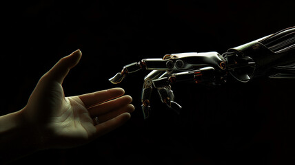 Human and robot hands reaching out, AI, Machine learning, Robot and human touching on big data, Science and artificial intelligence digital technologies of futuristic