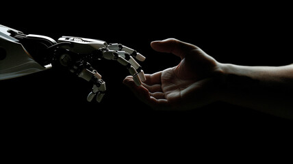 Human and robot hands reaching out, AI, Machine learning, Robot and human touching on big data, Science and artificial intelligence digital technologies of futuristic