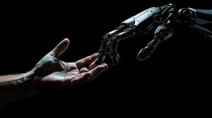 Human and robot hands reaching out, AI, Machine learning, Robot and human touching on big data, Science and artificial intelligence digital technologies of futuristic