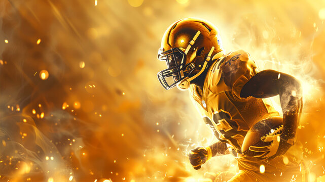 golden american football player with helmet in action on stadium background with light effects. banner for sports