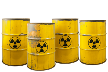Barrel with radioactive waste. Nuclear warning sign. Rusty dangerous barrel with radionuclide, hazardous toxins on isolated background