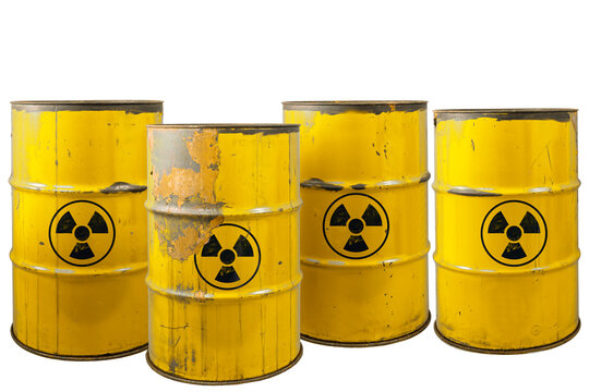 Barrel with radioactive waste. Nuclear warning sign. Rusty dangerous barrel with radionuclide, hazardous toxins on isolated background