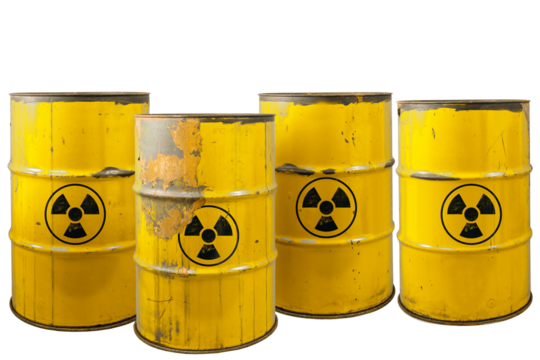 Barrel with radioactive waste. Nuclear warning sign. Rusty dangerous barrel with radionuclide, hazardous toxins on isolated background