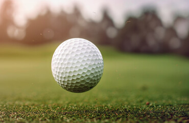 Golf ball gracefully soars above grassy course after swinging closeup. Concept of lively golf session in warm summer afternoon.