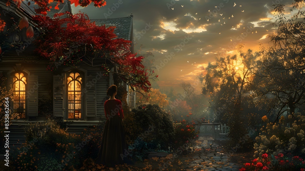 Poster Woman Standing Near a House With a Sunset in the Background