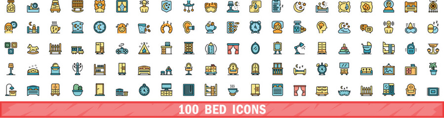 100 bed icons set. Color line set of bed vector icons thin line color flat on white