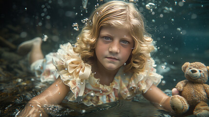 Obraz premium a , screaming, terrified ten year old girl sinking deep in water, screaming underwater for help,generative ai