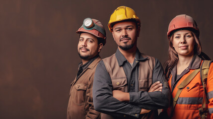 Group of construction workers wearing hard hats and work attire standing confidently. Team spirit and professionalism emphasized by their serious expressions and stance