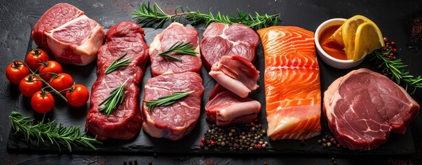 Assorted raw meat including steak salmon beef pork and chicken on a black background, Generative AI