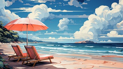 Friends on a weekend getaway at a beach resort, lounging under umbrellas, playing beach volleyball, and enjoying the relaxed vibe of seaside leisure. Painting Illustration style, Minimal and Simple,