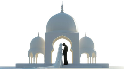 Romantic couple in wedding attire standing in front of a majestic white architectural monument, symbolizing love and timeless beauty.