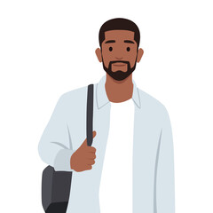 Young bearded man standing holding bag and ready to go to work. Flat vector illustration isolated on white background