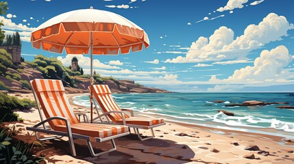 Friends on a weekend getaway at a beach resort, lounging under umbrellas, playing beach volleyball, and enjoying the relaxed vibe of seaside leisure. Painting Illustration style, Minimal and Simple,