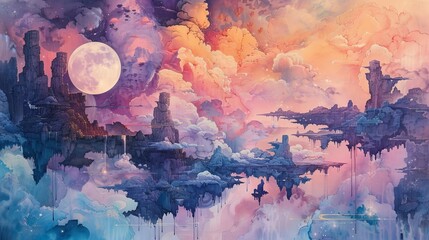 A dreamscape with floating islands and surreal elements, Surreal, Pastel colors, Watercolor, Depicting a fantastical and ethereal dream world