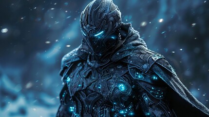 Ancient warrior with glowing armor, Fantasy, Dark and metallic colors, Illustration, Merging historical and futuristic elements