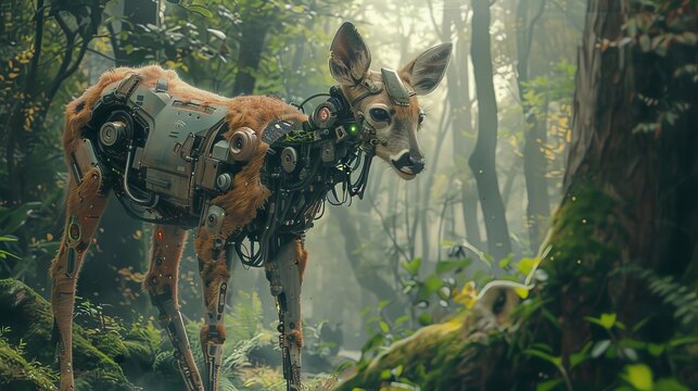 Animals with cybernetic enhancements in a forest, Scifi, Natural and metallic tones, Illustration, Merging nature with technology