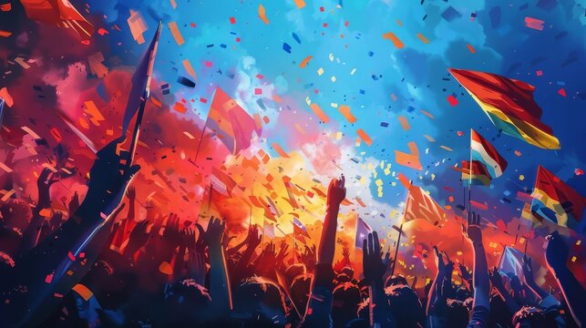 Flag Waving event, participants waving national flags, singing the national anthem, patriotic unity, festive atmosphere, realistic illustration