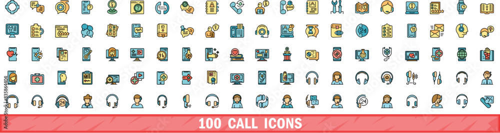 Poster 100 call icons set. color line set of call vector icons thin line color flat on white