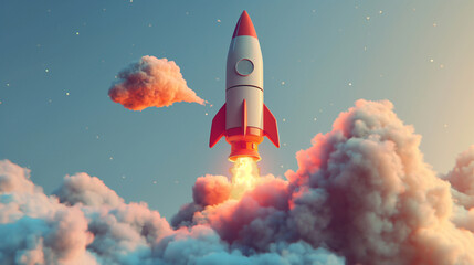 Fototapeta premium 3D Realistic Cartoon Style Space Rocket with Smoke