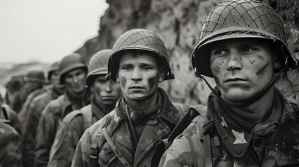 Fototapeta premium A group of soldiers in combat gear during World War II.