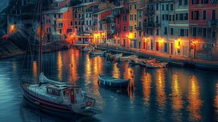 Enchanting harbor scene with colorful houses and boats in porto venero, italy, liguria at dusk illuminated by lanterns