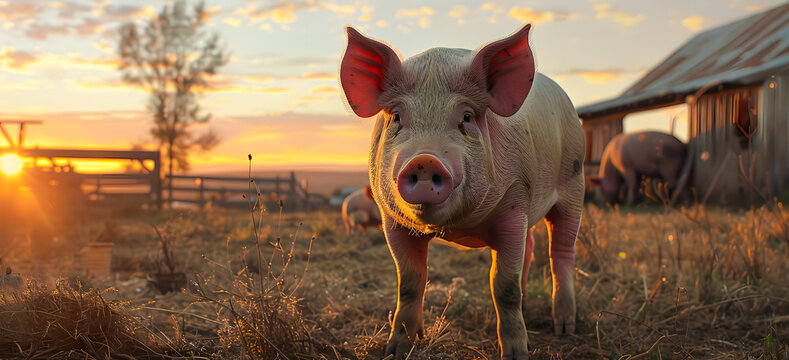 Imagen realista de un cerdo en una granja al atardecer