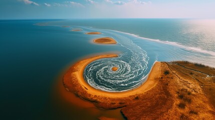 the symmetry of a spiral river delta meeting the open sea