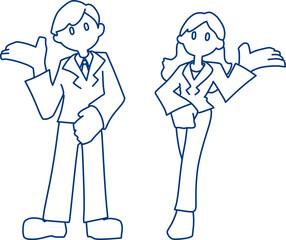何かを案内してくれているスーツを着た若い男女のイラスト