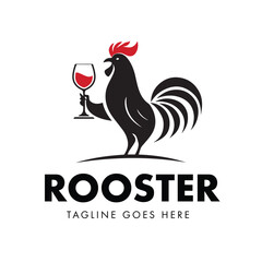 Rooster silhouette vector illustration design holding a glass of Red Wine can be used for Vintage Restaurant logo