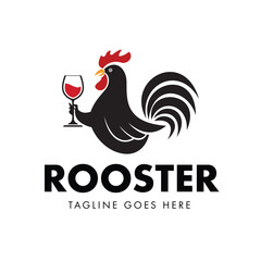Rooster silhouette vector illustration design holding a glass of Red Wine can be used for Vintage Restaurant logo