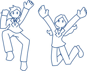 元気にジャンプしているスーツを着た若い男女のイラスト