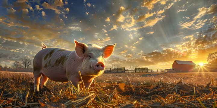 Imagen de un adorable cerdo en una granja en el campo o naturaleza al atardecer industria alimentaria agricola 