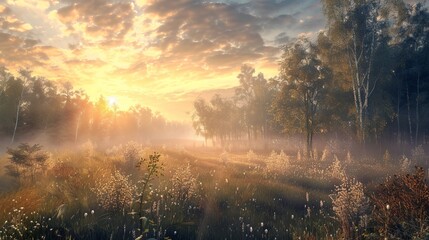 Fototapeta premium Panoramic landscape with sunrise over forest and meadow in serene countryside
