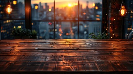 Urban Cityscape with Hardwood Table in Foreground Generative AI