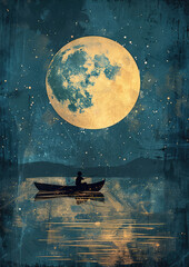Surreal Night Scene of a Boat with a Glowing Moon