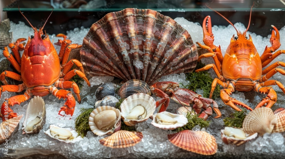 Poster a display featuring a range of responsibly caught shellfish including scallops crab and lobster.
