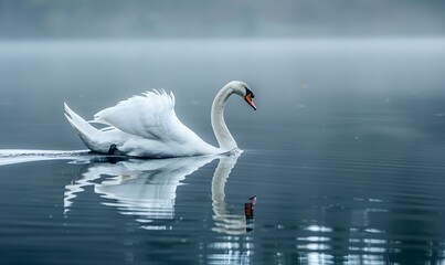 Fototapeta premium A swan is gliding across the lake, Generative AI 