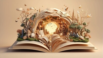 An open book transforms into a whimsical world with trees, buildings, and birds emerging from its pages, creating a fantastical scene.beige background