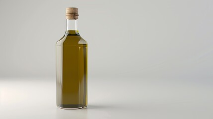 A glass bottle of olive oil with a cork top sits on a white background