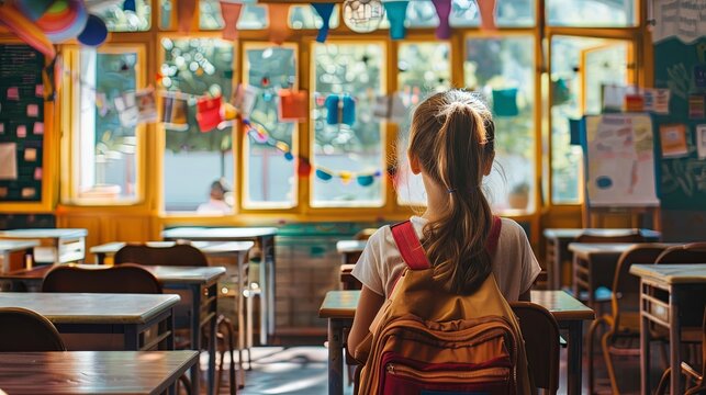 Child girl with yellow backpack came to school for the first time. primary school