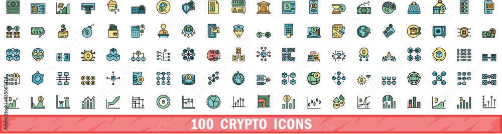 Poster 100 crypto icons set. color line set of crypto vector icons thin line color flat on white