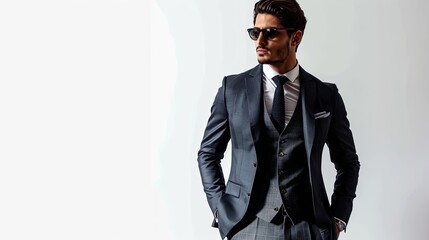 a stylish man wearing a tailored suit and sunglasses, posing against a plain white background
